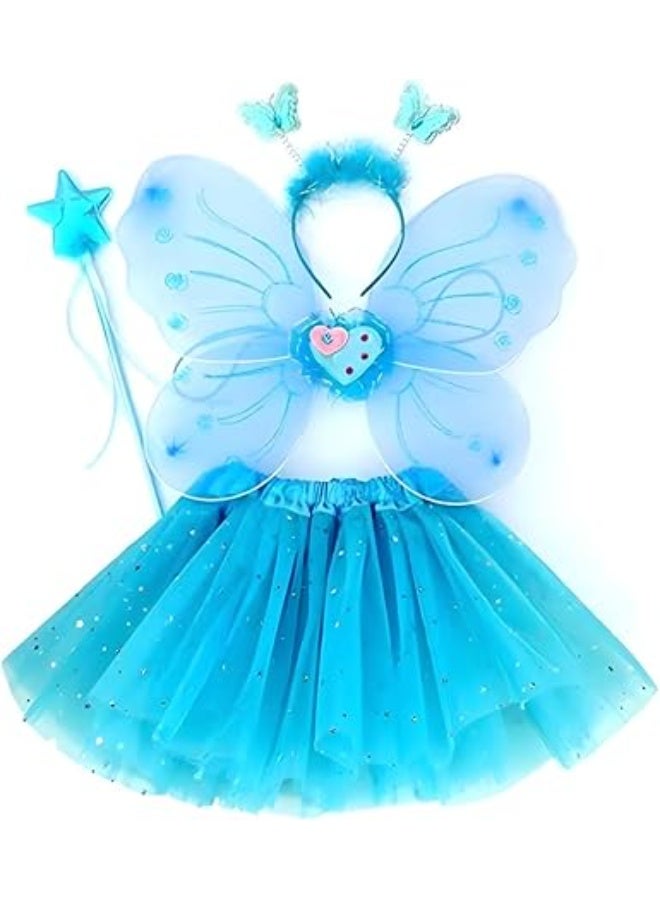 Butterfly Costume for Kids, Fairy Princess Costume Set with Blue Headband, Butterfly Wand, Blue Tutu Skirt, Princess Tutu Skirt Fairy Butterfly Wings for Party, Pageant, Cosplay