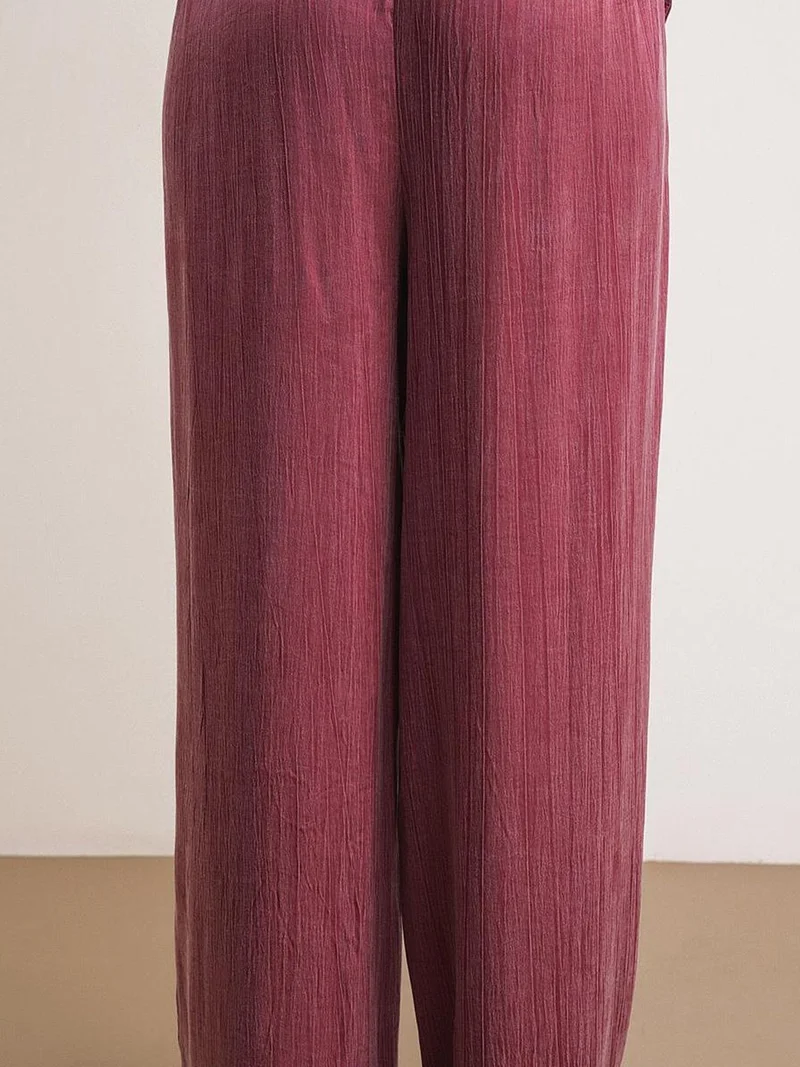 MixRay Burgundy Red Mixray Textured Wide Leg Drawstring Pants for Women | Best Price UAE