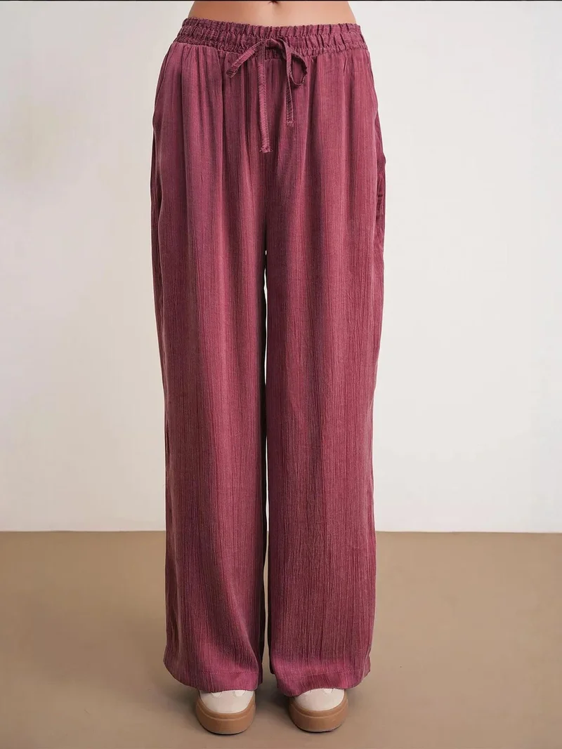 MixRay Burgundy Red Mixray Textured Wide Leg Drawstring Pants for Women | Best Price UAE
