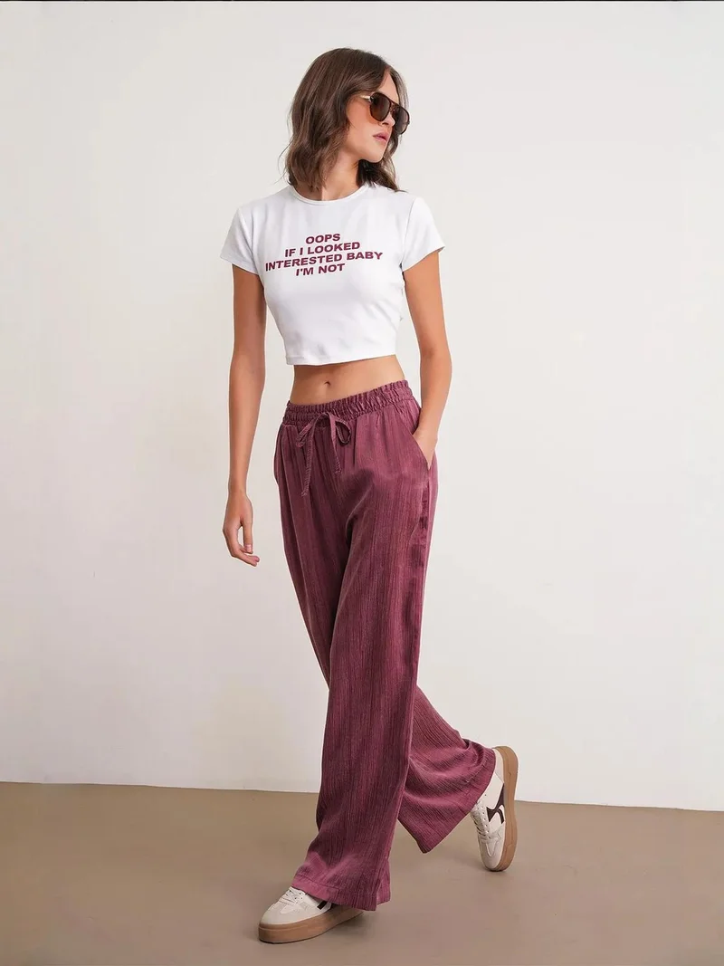 MixRay Burgundy Red Mixray Textured Wide Leg Drawstring Pants for Women | Best Price UAE