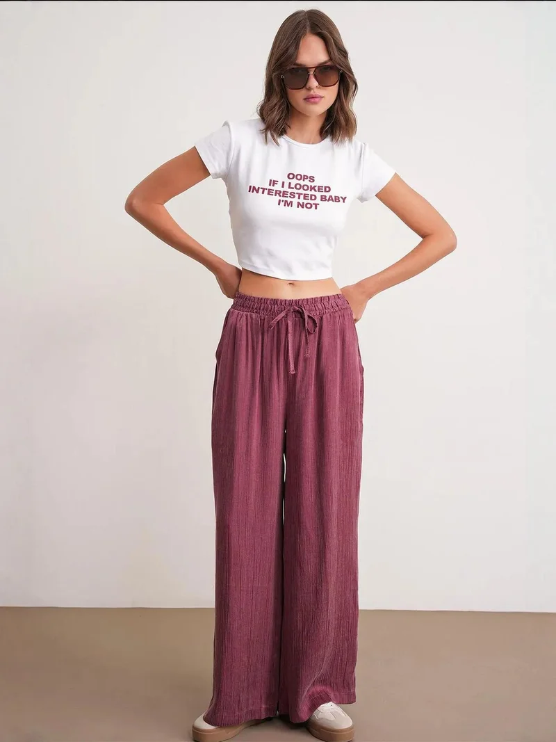 MixRay Burgundy Red Mixray Textured Wide Leg Drawstring Pants for Women | Best Price UAE