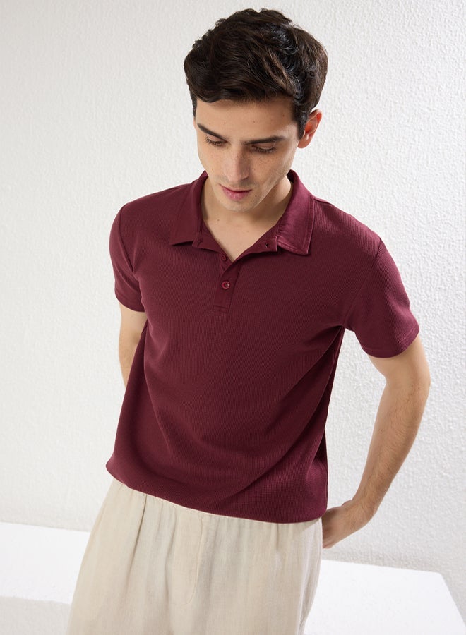 Trendyol Man Plum Slim/Slim Cut Textured Buttoned Polo Neck T-shirt - Image 1