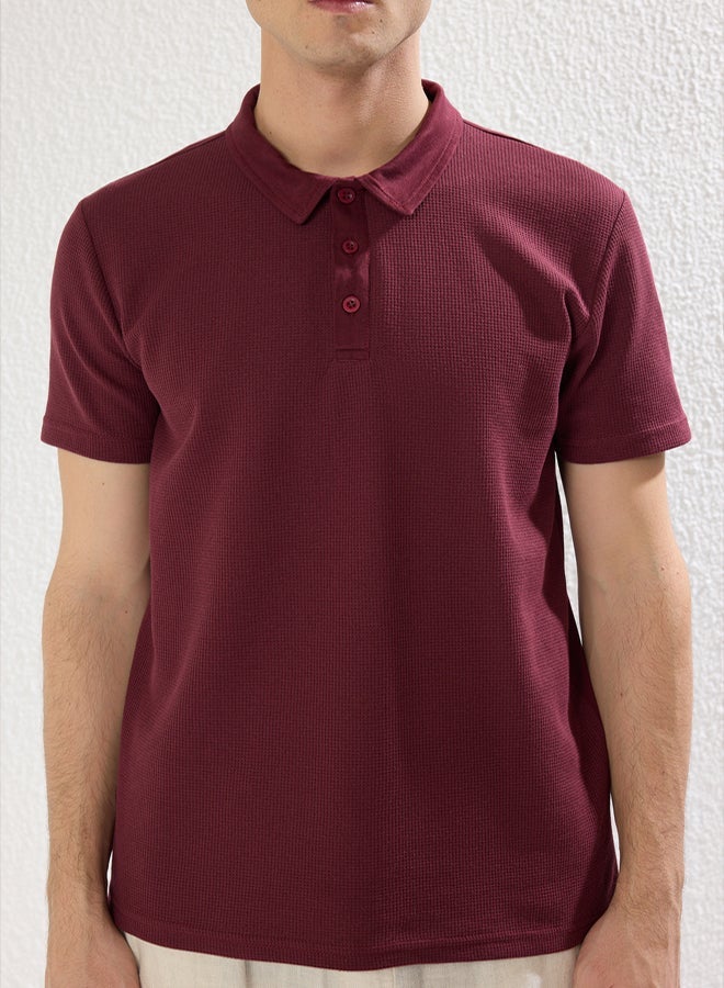 Trendyol Man Plum Slim/Slim Cut Textured Buttoned Polo Neck T-shirt - Image 3