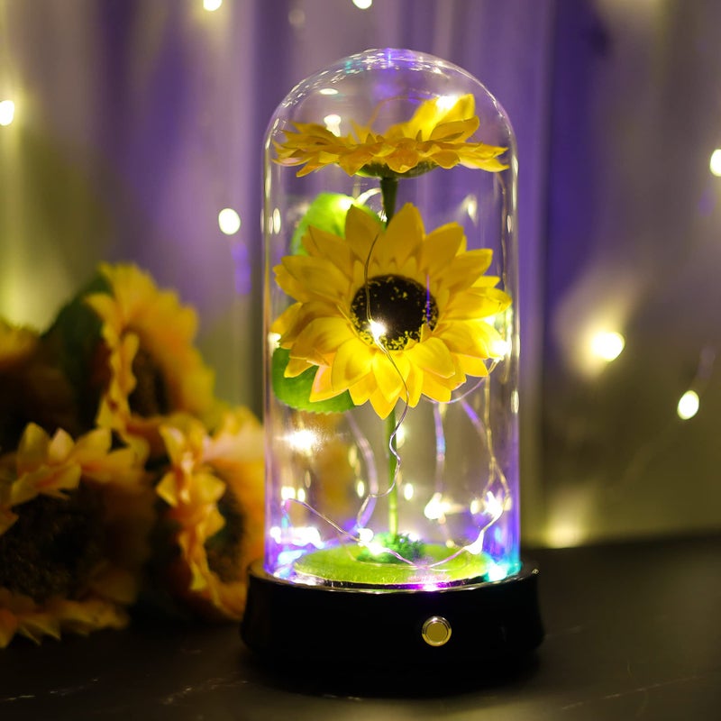 QUELIEN Valentines Day Sunflower Gifts for Women Birthday Gifts for her Sunflowers Artificial Flowers in Glass Dome Unique Gifts for Xmas Valentine Day Wedding Mothers Day Anniversary (yellow-colorcul) - Image 1