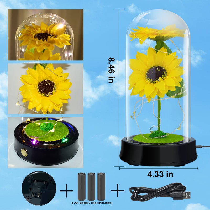 QUELIEN Valentines Day Sunflower Gifts for Women Birthday Gifts for her Sunflowers Artificial Flowers in Glass Dome Unique Gifts for Xmas Valentine Day Wedding Mothers Day Anniversary (yellow-colorcul) - Image 4