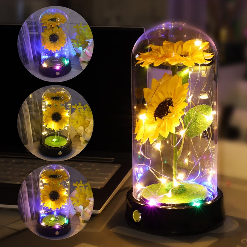 QUELIEN Valentines Day Sunflower Gifts for Women Birthday Gifts for her Sunflowers Artificial Flowers in Glass Dome Unique Gifts for Xmas Valentine Day Wedding Mothers Day Anniversary (yellow-colorcul) - Image 2