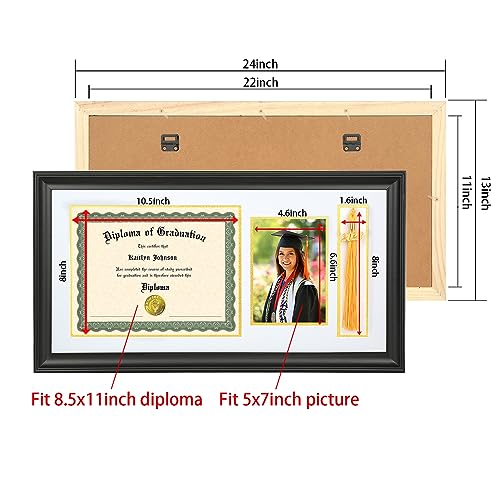 LTYHHK 11x22 Diploma Frame Solid Wood with Tassel Holder for 8.5x11 Document/Certificate & 5x7 Photo, Certificate Frame 8.5x11 Diploma Frames Tassel Shadow Box (LK1122WG) - Image 2