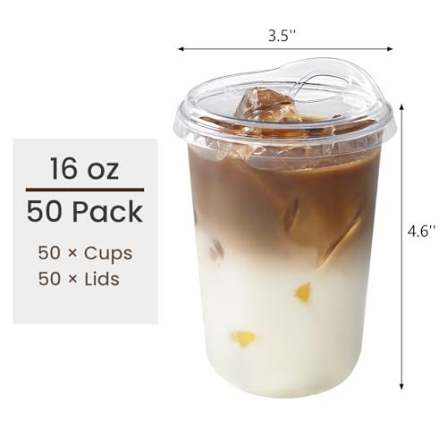 Qeirudu 16 Oz Round Bottom Clear Plastic Cups with Strawless Sip Lids, 50 Pack Disposable Iced Coffee Cups To Go Cups for Cold Drinks, Smoothie, Juice, Milkshake - Image 2