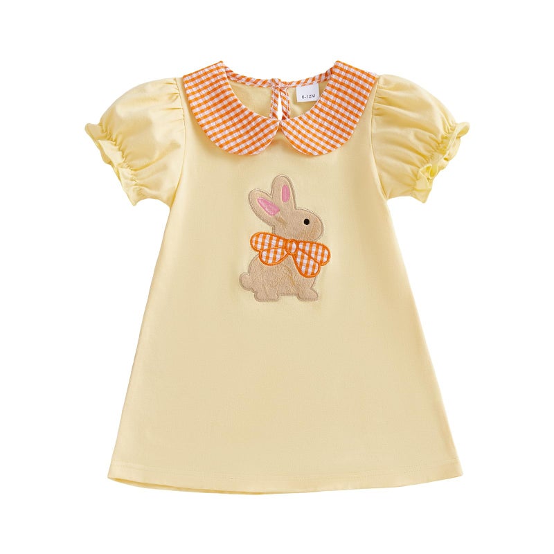 Lucikamy Toddler Baby Girl Easter Outfit Fly/Short Sleeve Bunny Embroidery A-Line Dresses Kids Summer Clothes (95% Cotton+5% Spandex-Yellow, 2-3 Years) - Image 1