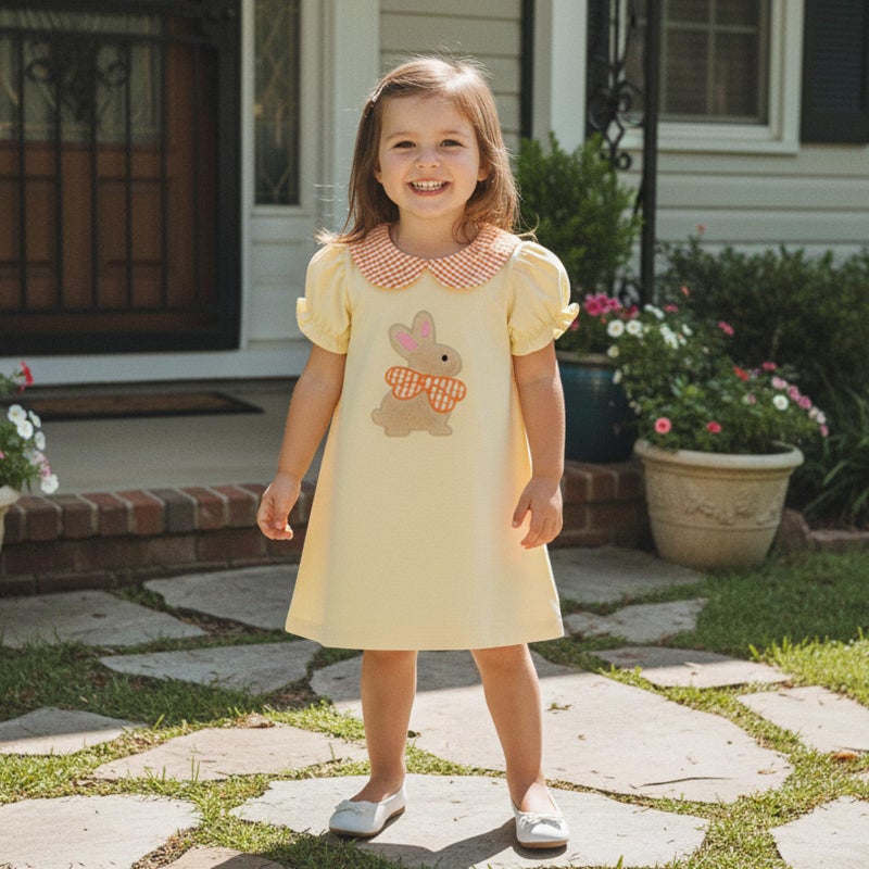 Lucikamy Toddler Baby Girl Easter Outfit Fly/Short Sleeve Bunny Embroidery A-Line Dresses Kids Summer Clothes (95% Cotton+5% Spandex-Yellow, 2-3 Years) - Image 2