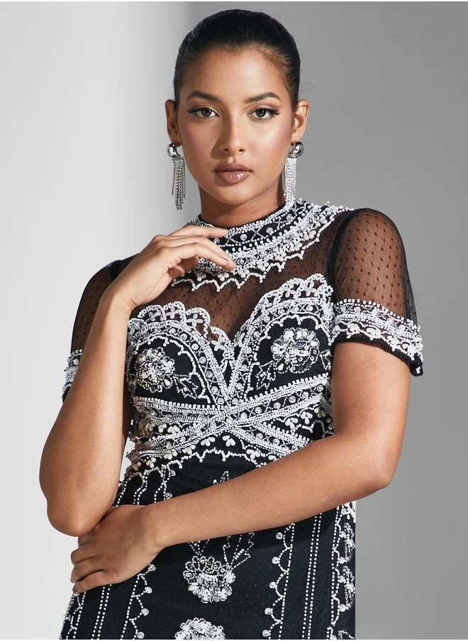 Amelia Rose Embellished Mesh Detail Dress