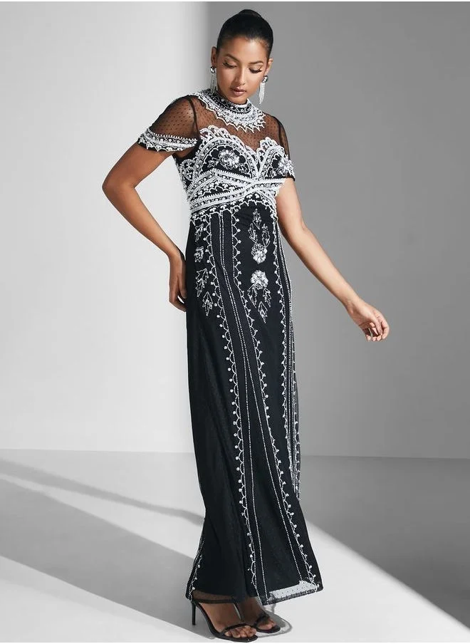 Amelia Rose Embellished Mesh Detail Dress