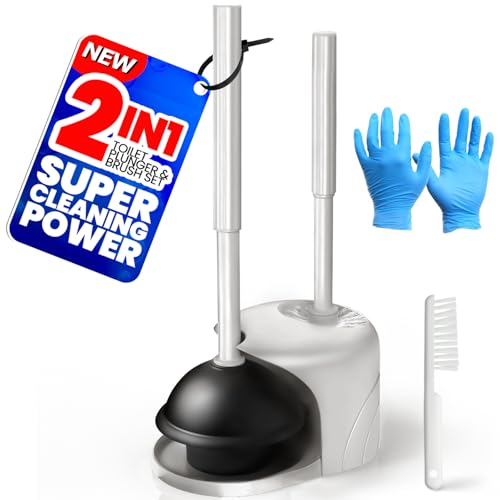 Denvlex 2 in 1 Toilet Brush and Plunger Set, Extended Handle Plunger,Toilet Bowl Brush Plunger Set,Gap Brush，Cleaning Gloves，Bathroom Cleaning Tools，Toilet Brush Plunger Combo，Light Grey - Image 1
