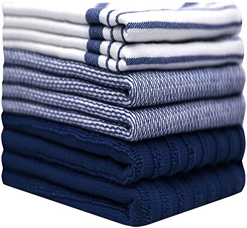 Bumble Towels Premium Kitchen Towels (20”x 28”, 6 Pack) | Large Cotton Dish Towels | Flat & Terry Highly Absorbent Kitchen Linen Set with Hanging Loop | Navy Blue Striped - Image 2