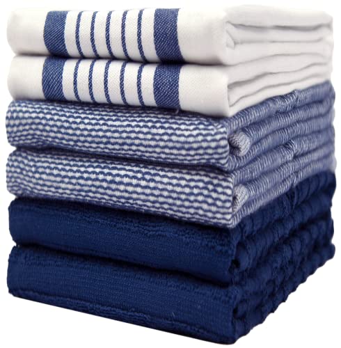 Bumble Towels Premium Kitchen Towels (20”x 28”, 6 Pack) | Large Cotton Dish Towels | Flat & Terry Highly Absorbent Kitchen Linen Set with Hanging Loop | Navy Blue Striped - Image 1