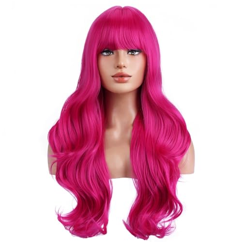 BERON Hot Pink Wig Long Wavy Rose Red Wig with Bangs for Women Daily Party Hairnet Include - Image 1