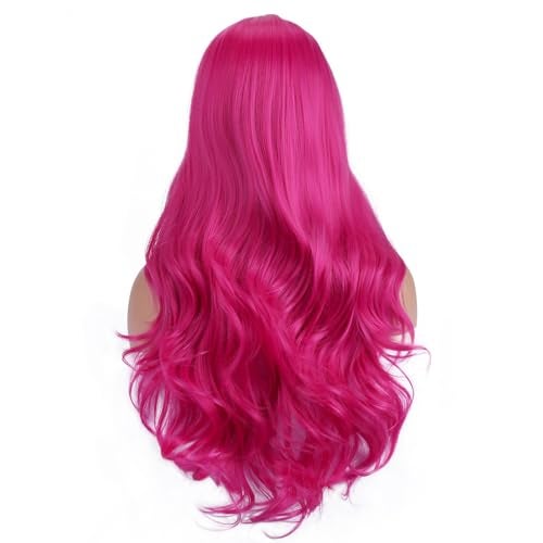 BERON Hot Pink Wig Long Wavy Rose Red Wig with Bangs for Women Daily Party Hairnet Include - Image 4
