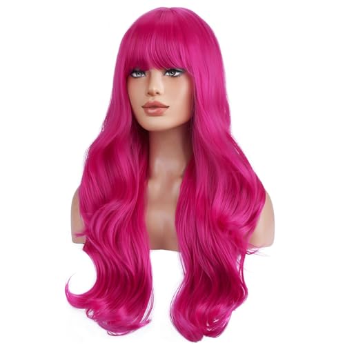 BERON Hot Pink Wig Long Wavy Rose Red Wig with Bangs for Women Daily Party Hairnet Include - Image 2