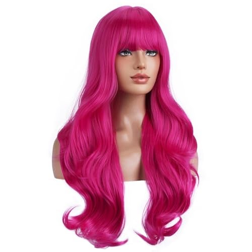 BERON Hot Pink Wig Long Wavy Rose Red Wig with Bangs for Women Daily Party Hairnet Include - Image 3