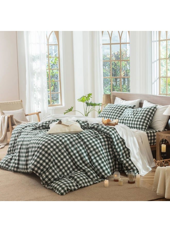 MooMee Gingham Duvet Cover Set 100% Washed Cotton Linen Like Textured Breathable Durable Soft Comfy Modern Checkered Design (Buffalo Plaid Forest Green, Queen 90"x90") - Image 3