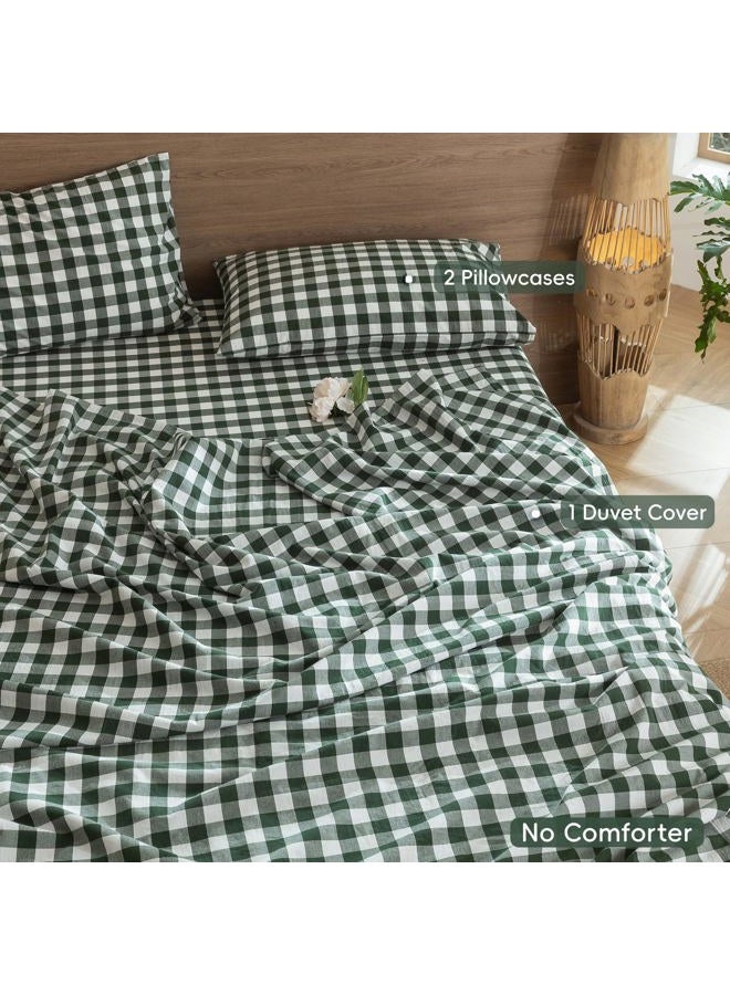 MooMee Gingham Duvet Cover Set 100% Washed Cotton Linen Like Textured Breathable Durable Soft Comfy Modern Checkered Design (Buffalo Plaid Forest Green, Queen 90"x90") - Image 2