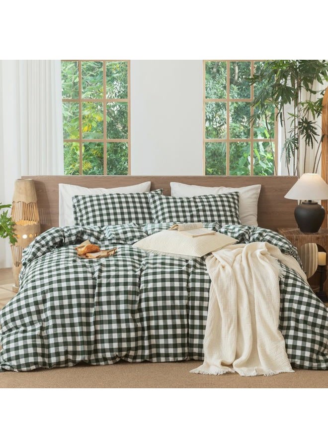 MooMee Gingham Duvet Cover Set 100% Washed Cotton Linen Like Textured Breathable Durable Soft Comfy Modern Checkered Design (Buffalo Plaid Forest Green, Queen 90"x90") - Image 1