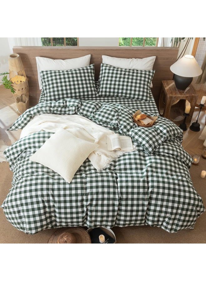 MooMee Gingham Duvet Cover Set 100% Washed Cotton Linen Like Textured Breathable Durable Soft Comfy Modern Checkered Design (Buffalo Plaid Forest Green, Queen 90"x90") - Image 5