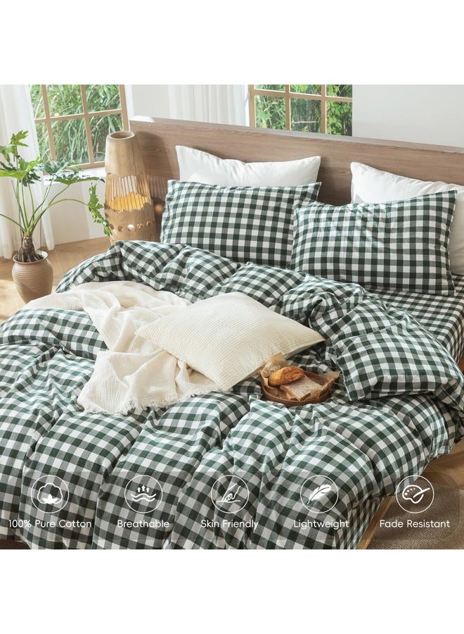 MooMee Gingham Duvet Cover Set 100% Washed Cotton Linen Like Textured Breathable Durable Soft Comfy Modern Checkered Design (Buffalo Plaid Forest Green, Queen 90"x90") - Image 4