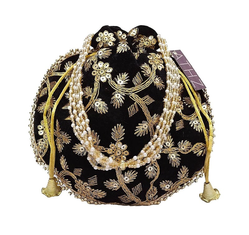 ATHZ Wedding gifting potli combo set of 2 || stylish shagun potli in velvet feel floral design fabric with sequins design of flower pattern (Black, Orange) - Image 2