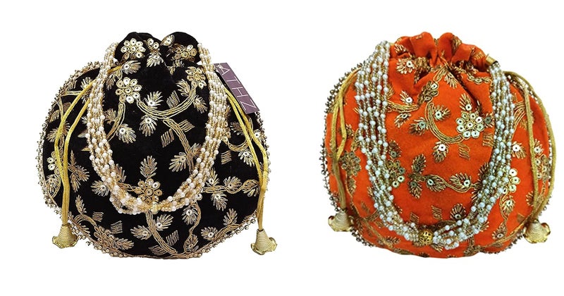 ATHZ Wedding gifting potli combo set of 2 || stylish shagun potli in velvet feel floral design fabric with sequins design of flower pattern (Black, Orange) - Image 1