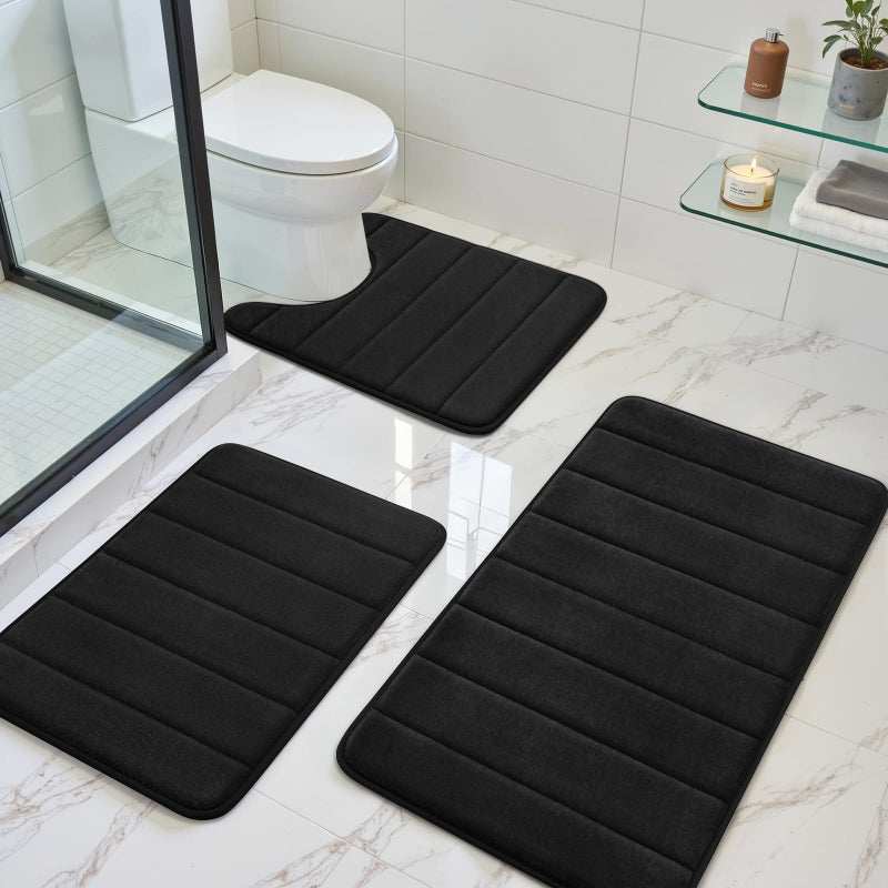 BYSURE Black Memory Foam Bathroom Rug Set 3 Piece, Non Slip Extra Soft Absorbent Washable & Dry Toilet Bath Mat Sets - Image 1