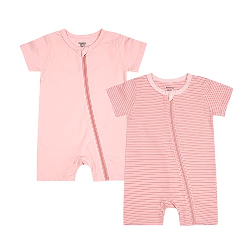 Teach Leanbh Baby Boys or Girls 2 Pack Pajamas Cotton Short Sleeve Zipper Romper Jumpsuits Sleep and Play 3-24 Months (Pink, 6-12 Months) - Image 1