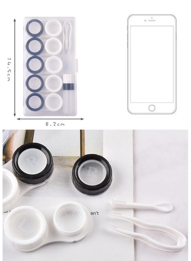 5 Pair Black/White Contact Lens Case with Tweezers, Suction Cups and Bottles, Transparent Contact Lens Travel Case Practical Companion Box with Leak-Proof Ring Personality - Image 2