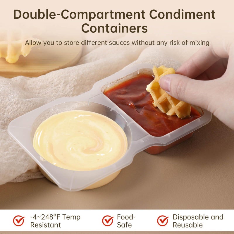 ABEJFIC 15 Sets Double Compartment Condiment Containers with Lid, Transparent Small Plastic Dipping Containers for Condiments or Dips, Sauce Snack, Salad Dressing, Sampling, Travel Snack - Image 3