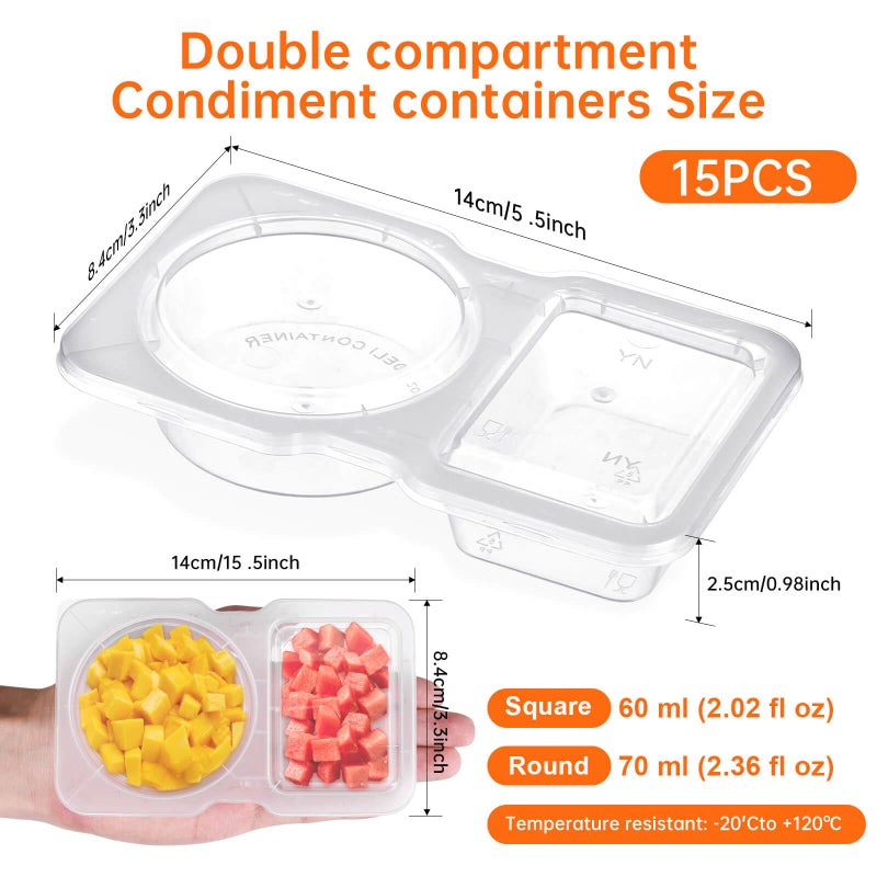ABEJFIC 15 Sets Double Compartment Condiment Containers with Lid, Transparent Small Plastic Dipping Containers for Condiments or Dips, Sauce Snack, Salad Dressing, Sampling, Travel Snack - Image 2