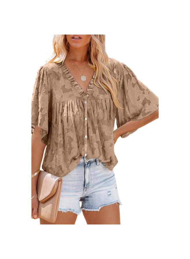 VUELO Summer New V-neck Cardigan Half Sleeve Chiffon Shirt European And American Women's Fashion Solid Color Top Women