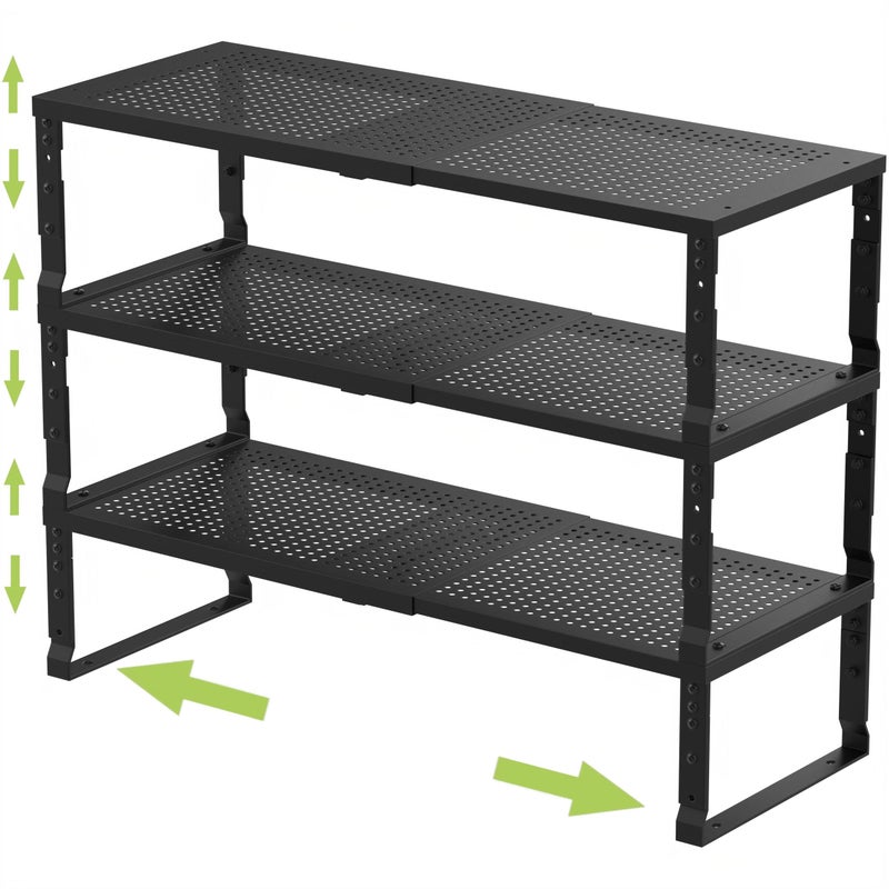 Jojocross Expandable Adjustable Stackable Kitchen Organizer, Spice Rack,Metal Pantry Storage Shelves Racks,Counter Shelf for Cabinets, Countertop, Cupboard (3 Packs/Medium/Black) - Image 1