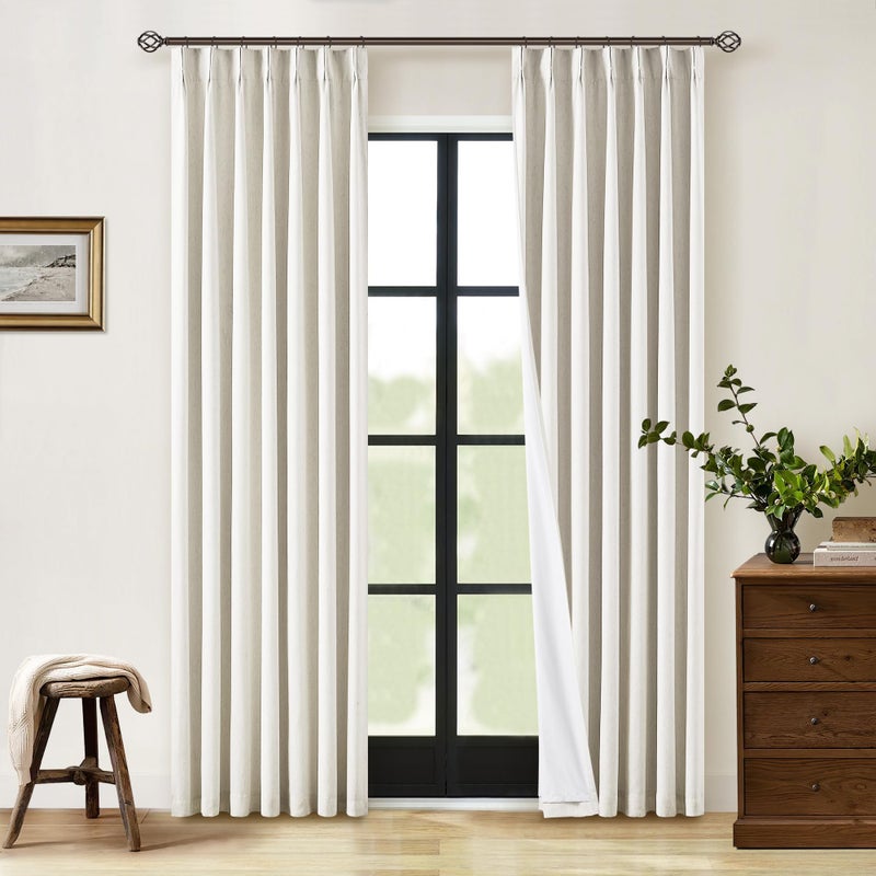 TWODRAPES Natural Linen Pinch Pleated Curtains Blackout 100% Black Out Curtains 80 Inches Long 2 Panels Pinch Pleat Two Layer Drapes with Liner Back Tab Thermal Insulated Blackout Drapes for Bedroom Cream - Image 1