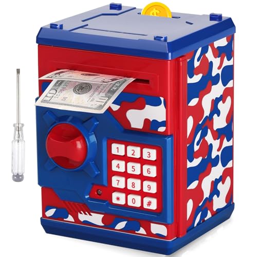 Vcertcpl ATM Piggy Bank for Boys Girls Vcertcpl Mini ATM Coin Bank Money Saving Box with Password Kids Safe Money Jar for Adults with Auto Grab Bill Slot Great Gift Toy Bank for Kids Camouflage Red Blue - Image 1