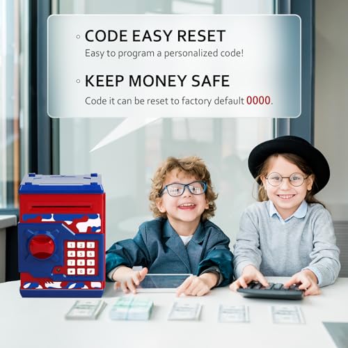 Vcertcpl ATM Piggy Bank for Boys Girls Vcertcpl Mini ATM Coin Bank Money Saving Box with Password Kids Safe Money Jar for Adults with Auto Grab Bill Slot Great Gift Toy Bank for Kids Camouflage Red Blue - Image 5