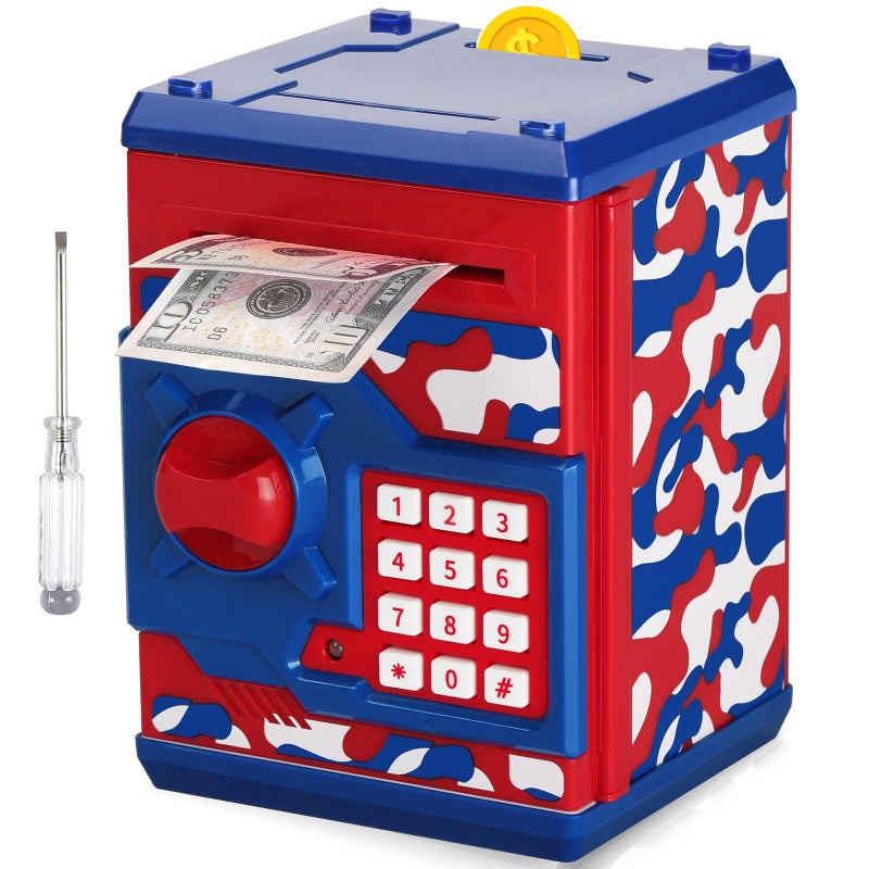 Vcertcpl ATM Piggy Bank for Boys Girls Vcertcpl Mini ATM Coin Bank Money Saving Box with Password Kids Safe Money Jar for Adults with Auto Grab Bill Slot Great Gift Toy Bank for Kids Camouflage Red Blue - Image 3