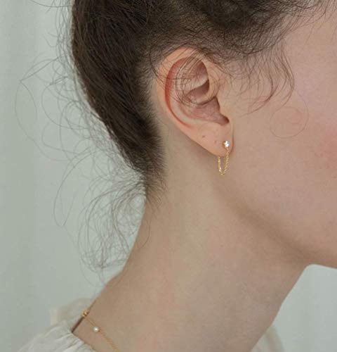 S.Leaf Cubic Zirconia Stud Earrings with Chain Sterling Silver Dangle Earrings for Women (cz-gold) - Image 2