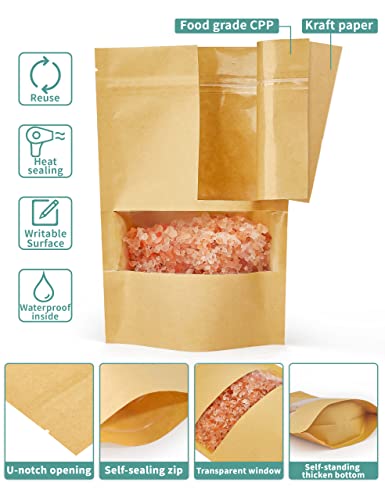 FireKylin 100 Pcs Brown Paper Bags with Window, 3.5" x 5.5" Stand Up Pouches, Zipper Food Storage Bags for Packaging Products, Reusable, Sealable - Image 3