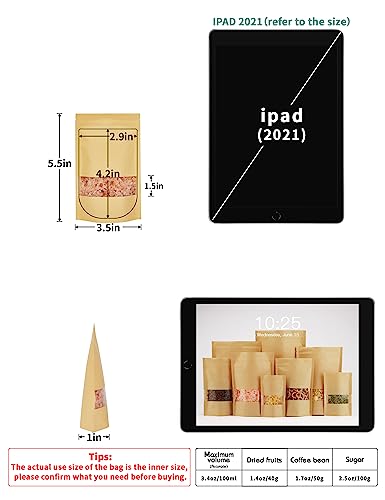 FireKylin 100 Pcs Brown Paper Bags with Window, 3.5" x 5.5" Stand Up Pouches, Zipper Food Storage Bags for Packaging Products, Reusable, Sealable - Image 2