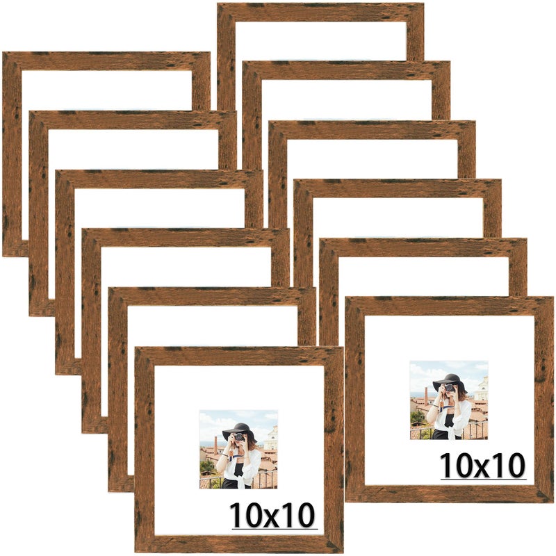 Picrit 10x10 Picture Frame Set of 12  Display 5x5 with Mat or 10x10 Without Mat  Photo Frames for Wall Mounting Display  Brown. - Image 1