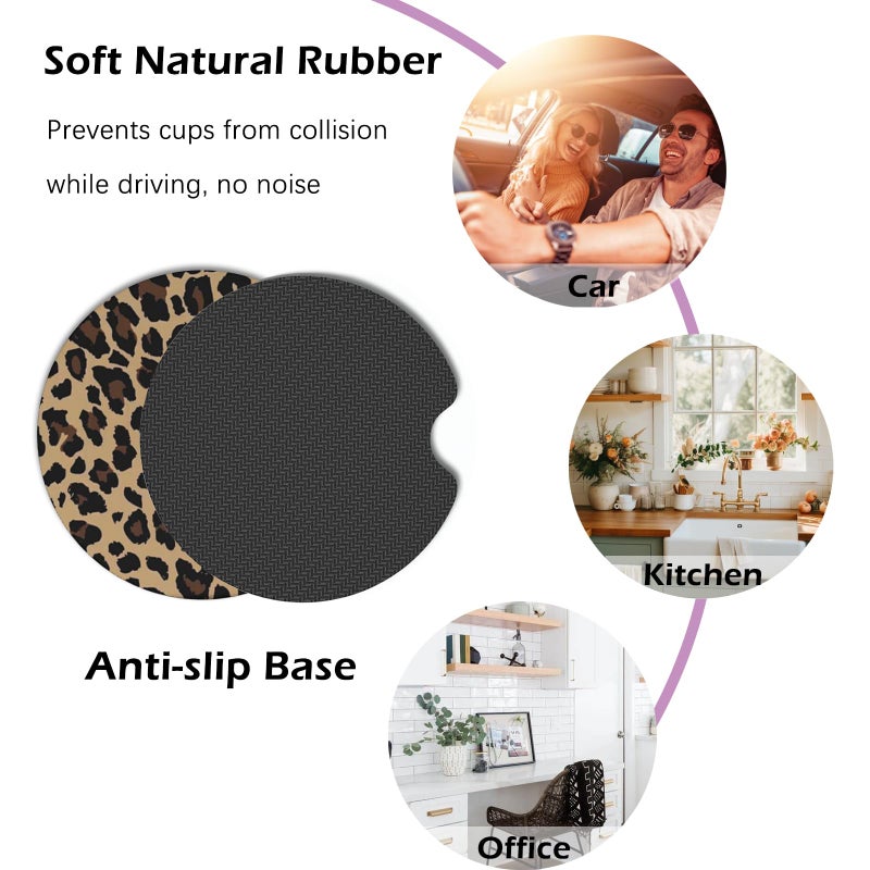 KARREAL 2 Pcs Car Cup Coasters, Brown Cheetah Print Universal Non-Slip Rubber Car Coasters for Cup Holders 2.75 inch, Car Interior Accessories for Women - Image 5