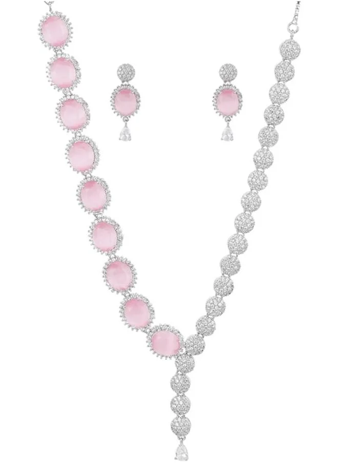 فويلا CZ Silver Plated Pearl Brass Necklace Set with Pink Stone