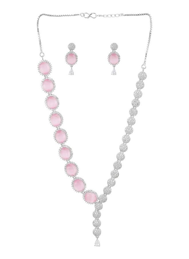 VOYLLA CZ Silver Plated Pearl Brass Necklace Set with Pink Stone  - Image 2