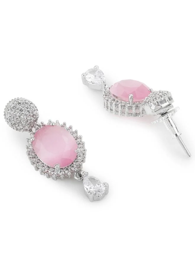 VOYLLA CZ Silver Plated Pearl Brass Necklace Set with Pink Stone