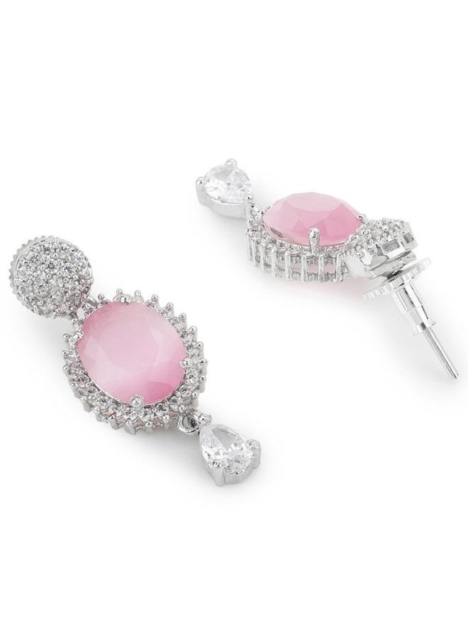 VOYLLA CZ Silver Plated Pearl Brass Necklace Set with Pink Stone  - Image 4